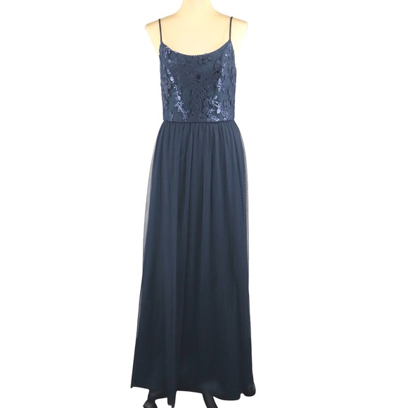 Amsale Navy Sequin Lace Stephanie Maxi Dress Size 10 Layered Mesh Skirt Formal - Picture 1 of 11